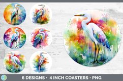 Bundle of six Watercolor Great Egrets Round Coaster designs.