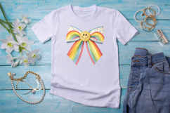 rainbow retro bow, smiley coquette bow, colorful bow design, retro smiley clipart, digital bow design, cheerful rainbow bow, smiley bow art, rainbow vintage design, coquette bow art, smiley sublimation design