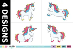 Rainbow unicorn graphics featuring standing, jumping and resting characters with pink, blue and yellow details for handmade greeting cards.