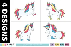 Rainbow unicorn graphics featuring a jumping pony, standing characters and a lying unicorn for magical childhood memory books.