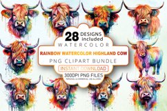Watercolor Rainbow Watercolor Highland Cow Clipart Bundle Product Image 1