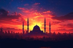 Ramadan kareem banner with mosque &amp; Glowing moon with sky Product Image 1