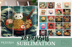 Bundle of 20 Ramen Cat Tumbler Wrap png designs being used as 20 oz Skinny Tumbler Sublimation print