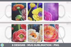 Bundle of six Ranunculus Flowers mug sublimation designs.