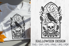 Raven and Skull Stained Glass Halloween SVG – gothic witchy illustration featuring a raven perched on a skull with roses, crescent moon, candle, stars, and spiderweb details inside a stained glass frame. Perfect spooky design for Halloween crafts, t-shirt