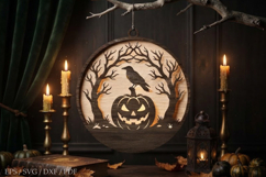 Raven Halloween Laser Cut SVG,Pumpkin Round Wooden Door Product Image 1