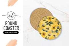 Yellow Flowers With Bees Round Coaster Png Product Image 1