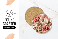 Pink Roses On Plaid Round Coaster Png Product Image 1