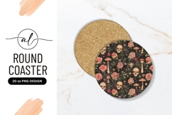 Round Coaster P N G with Skulls Roses and Mushrooms on Black Product Image 1