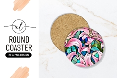 Stained Glass Style Pink Lilies Round Coaster Png Product Image 1