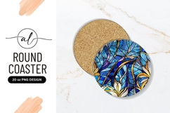Blue Stained Glass Floral Design Round Coaster Png Product Image 1