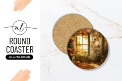 Autumnal Window Scene with Fall Leaves and Round Coaster Product Image 1