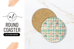 Round Coaster with Pink Flowers and Blue Gingham Pattern Product Image 1