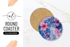 Watercolor Floral Design Round Coaster with Pink and Blue Product Image 1