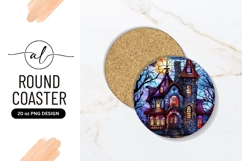Stained Glass Halloween Castle Round Coaster Png Product Image 1