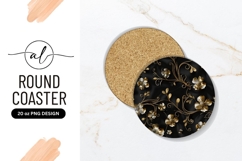 Golden Floral Design On Black Round Coaster Product Image 1
