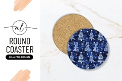 Blue Watercolor Christmas Trees Round Coaster Png Product Image 1