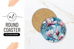 Watercolor Magnolia Flowers On Blue Round Coaster Product Image 1