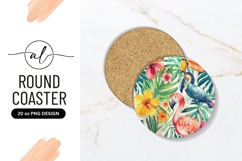 Tropical Watercolor Flamingo And Toucan Round Coaster Png Product Image 1