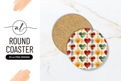 Watercolor Hearts On Plaid Round Coaster Png Product Image 1