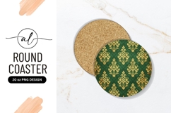 Gold Damask Pattern On Emerald Green Round Coaster Product Image 1