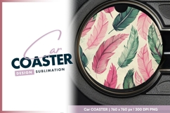 Pink and Green Feather Pattern on Round Car Coaster Png Product Image 1