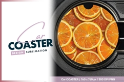 Orange slices arranged in a circle on round car coaster png Product Image 1
