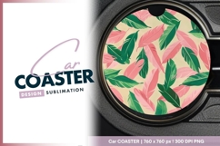Pink and Green Feather Pattern on Round Car Coaster Png Product Image 1