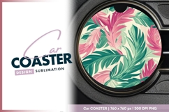 Pink and Green Tropical Leaves on Round Car Coaster Png Product Image 1