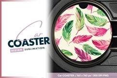 Watercolor Feathers in Pink Green and round car coaster Product Image 1