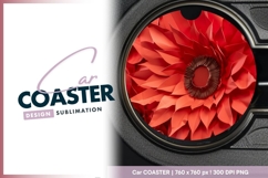 Red Paper Flower with Brown Center on Gray round car coaster Product Image 1
