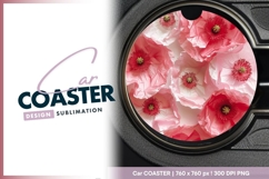 Pink and Red Poppy Flowers in a round car coaster Product Image 1