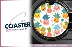 Smiling Pineapple Faces on White Round Car Coaster Png Product Image 1