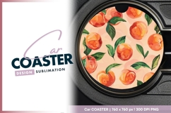 Watercolor Peaches and Green Leaves on a Round Car Coaster Product Image 1
