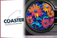 Colorful Abstract Flowers in a Circle on round car coaster Product Image 1