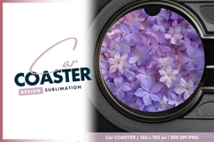Purple and White Flowers on Gray Round Car Coaster Png Product Image 1