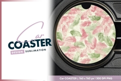 Pink and Green Feather Pattern on Round Car Coaster Png Product Image 1