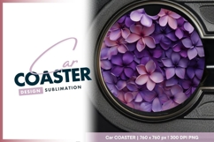 Purple and Pink Flowers on Gray Round Car Coaster Png Product Image 1