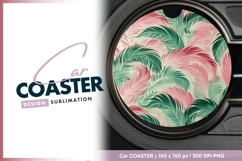Pink and Green Feather Pattern on Round Car Coaster Png Product Image 1