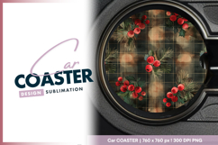 Christmas plaid with berries round car coaster png Product Image 1