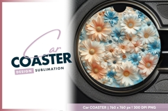 Peach Blue and White Daisy Floral Round Car Coaster Png Product Image 1