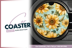 Yellow Sunflowers and Green Leave Round Car Coaster Png Product Image 1