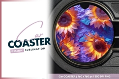 Vibrant Sunflowers on Purple Crumpled Round Car Coaster Png Product Image 1