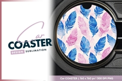 Watercolor Feathers Pattern in Blue and Round Car Coaster Product Image 1