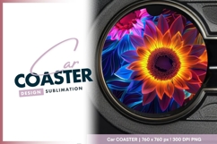 Glowing Sunflower Illustration with Orange Round Car Coaster Product Image 1