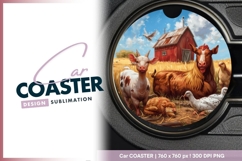 Farm Animals and Barn Illustration on a Round Car Coaster Product Image 1
