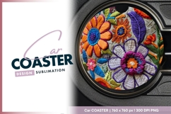 Colorful Embroidered Floral Design on Round Car Coaster Png Product Image 1