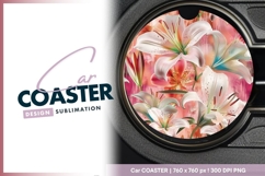 Floral Lily Design Round Car Coaster Png Product Image 1