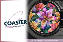 Colorful Lily Flowers Arrangement on Round Car Coaster Png Product Image 1