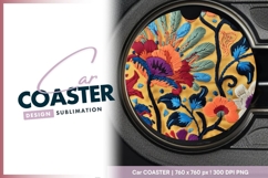 Colorful Embroidered Floral Design on Round Car Coaster Product Image 1